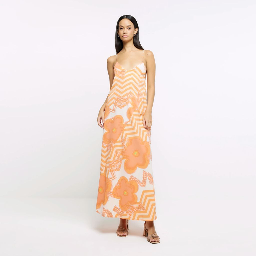 Womens Orange Floral Print Slip Maxi Dress