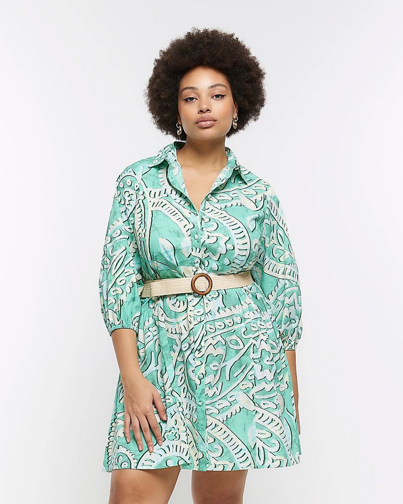 River Island Womens Plus Green Paisley Mini Shirt Dress