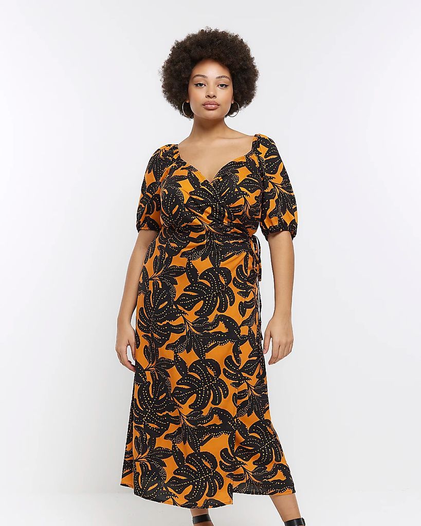 Womens Plus Orange Leaf Print Wrap Midi Dress