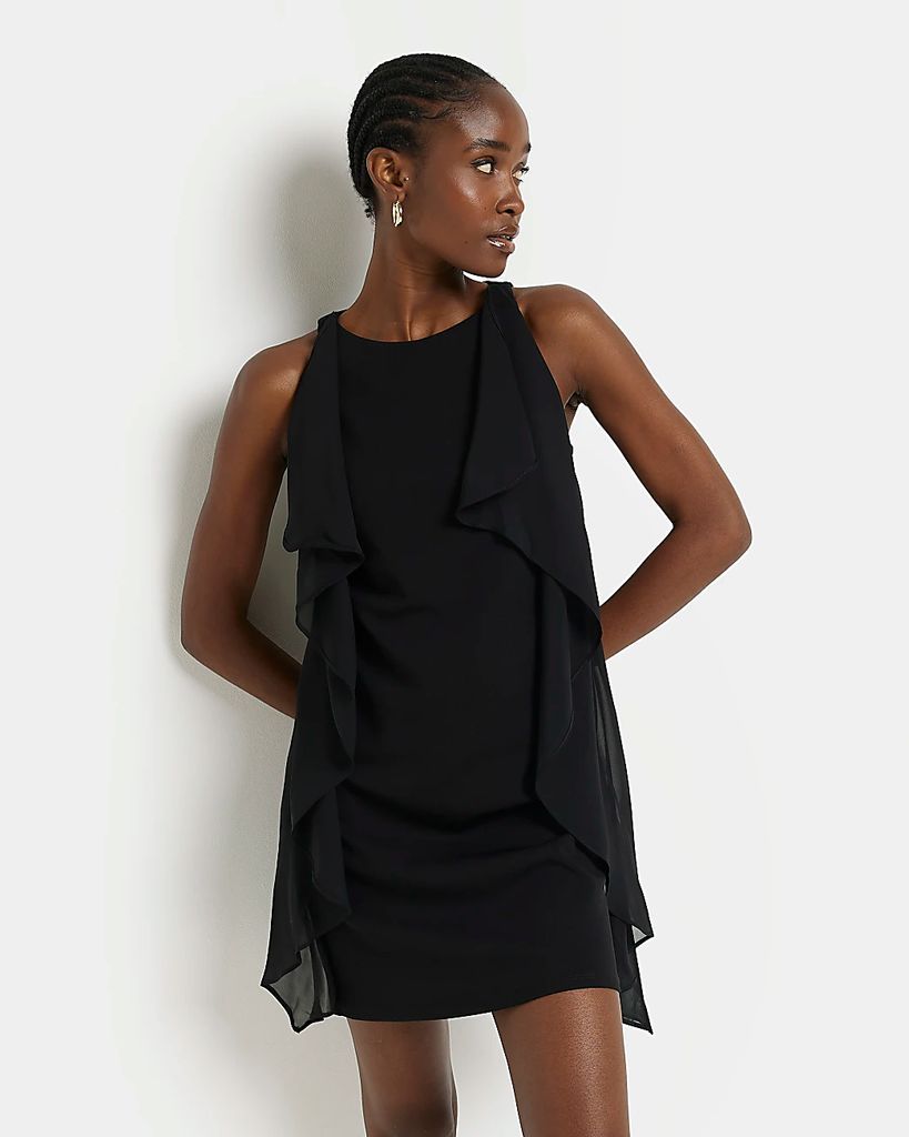Womens Black Frill Sleeveless Mini Shift Dress