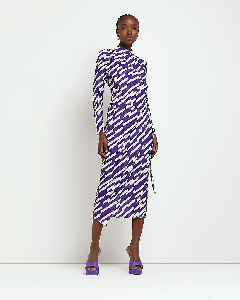 Womens Purple Long Sleeve Wrap Bodycon Midi Dress