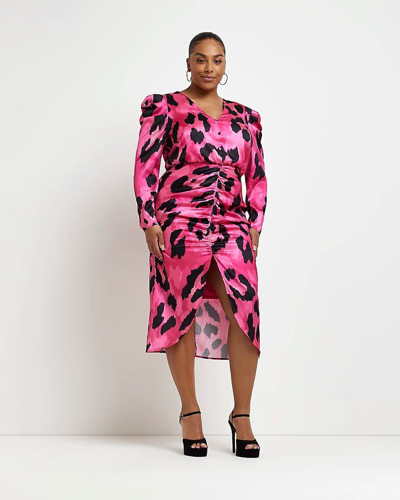 Womens Plus Pink Animal Print Bodycon Midi Dress