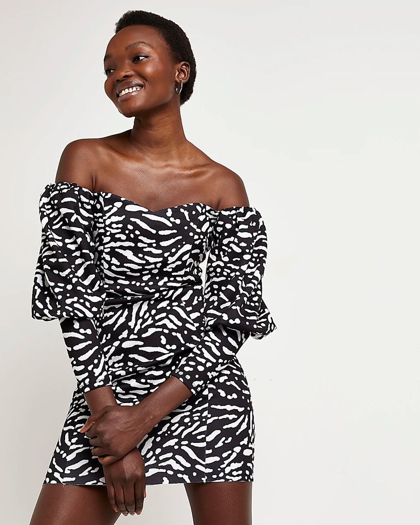 Womens Black Animal Print Bardot Bodycon Mini Dress