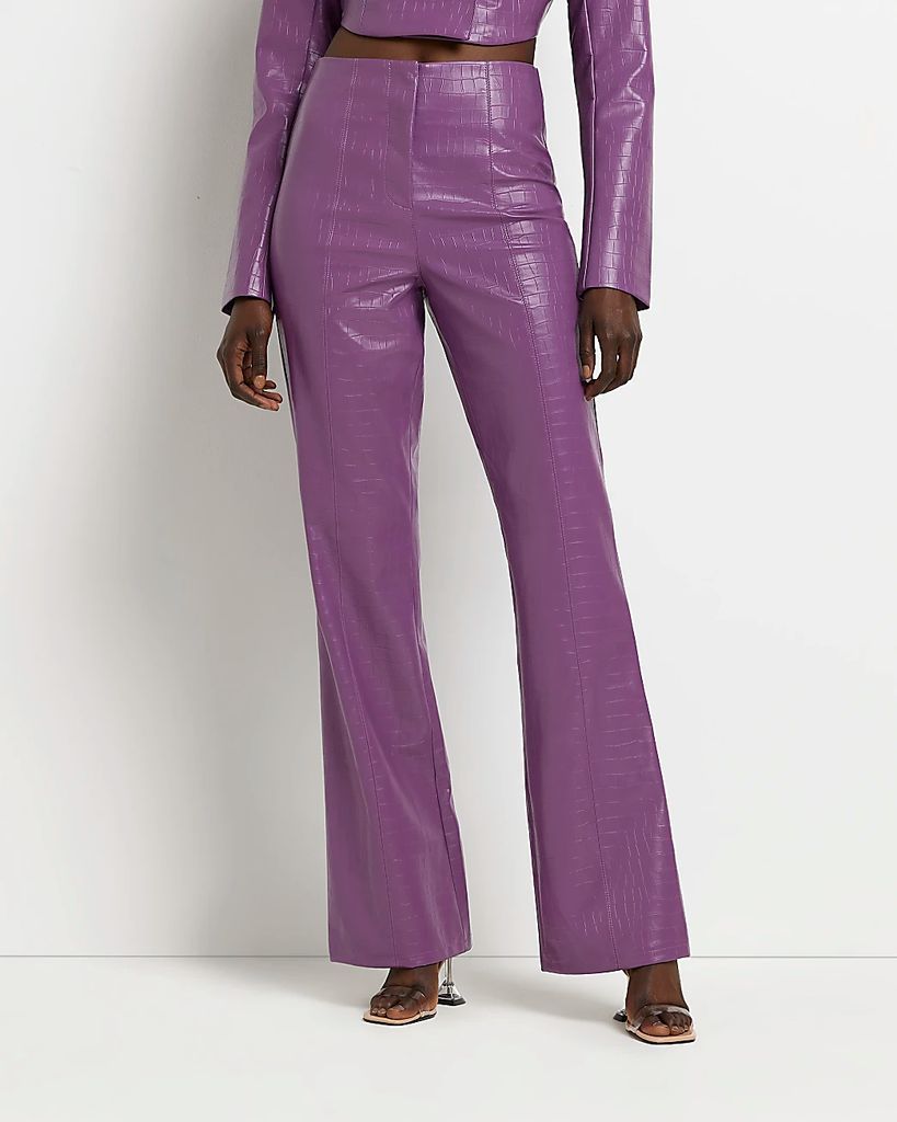 Womens Purple Faux Leather Flared Trousers