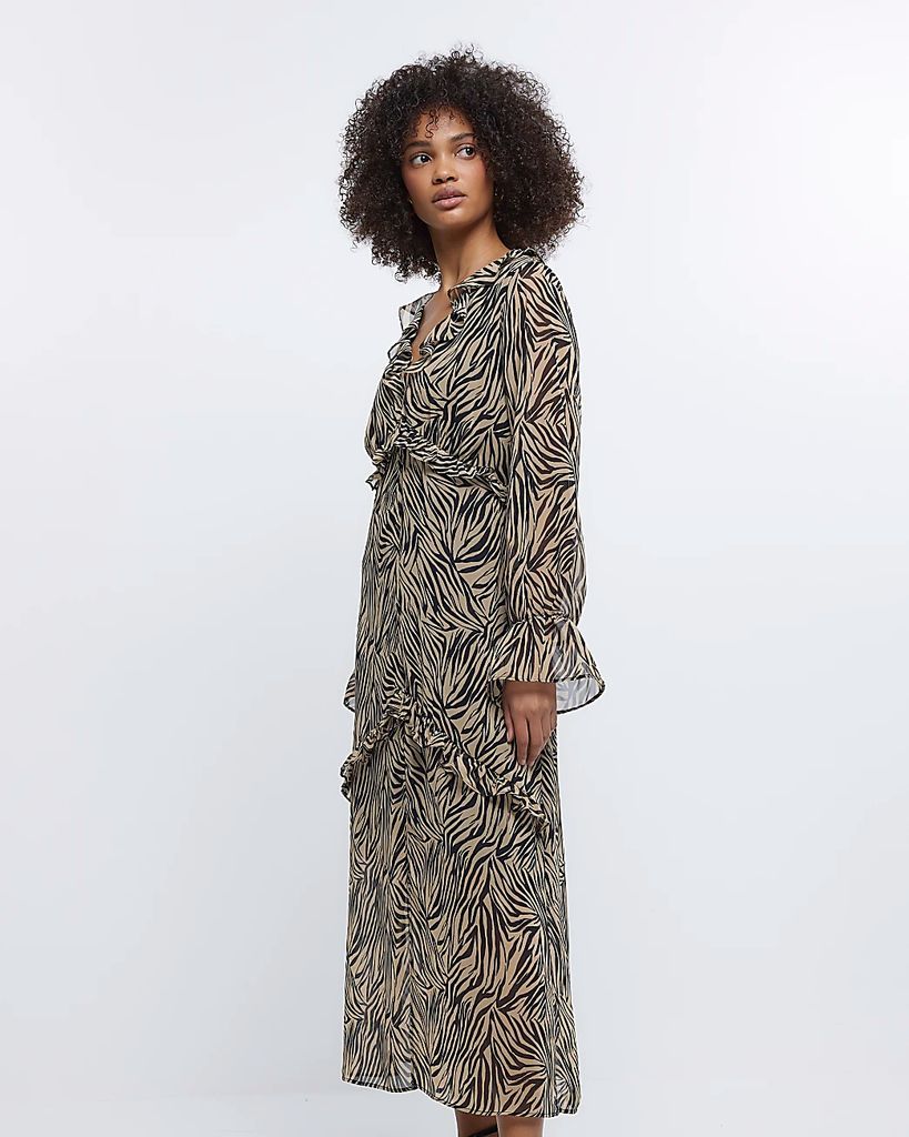 Womens Beige Animal Print Long Sleeve Maxi Dress