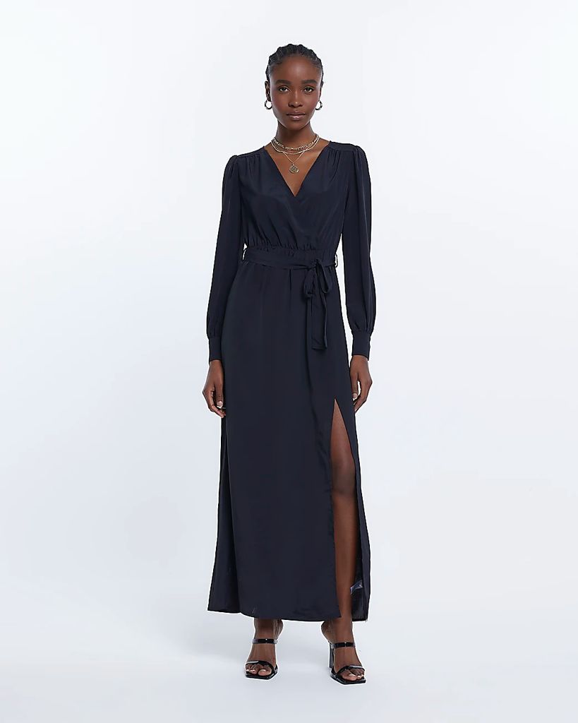 Womens Black Long Sleeve Wrap Maxi Dress