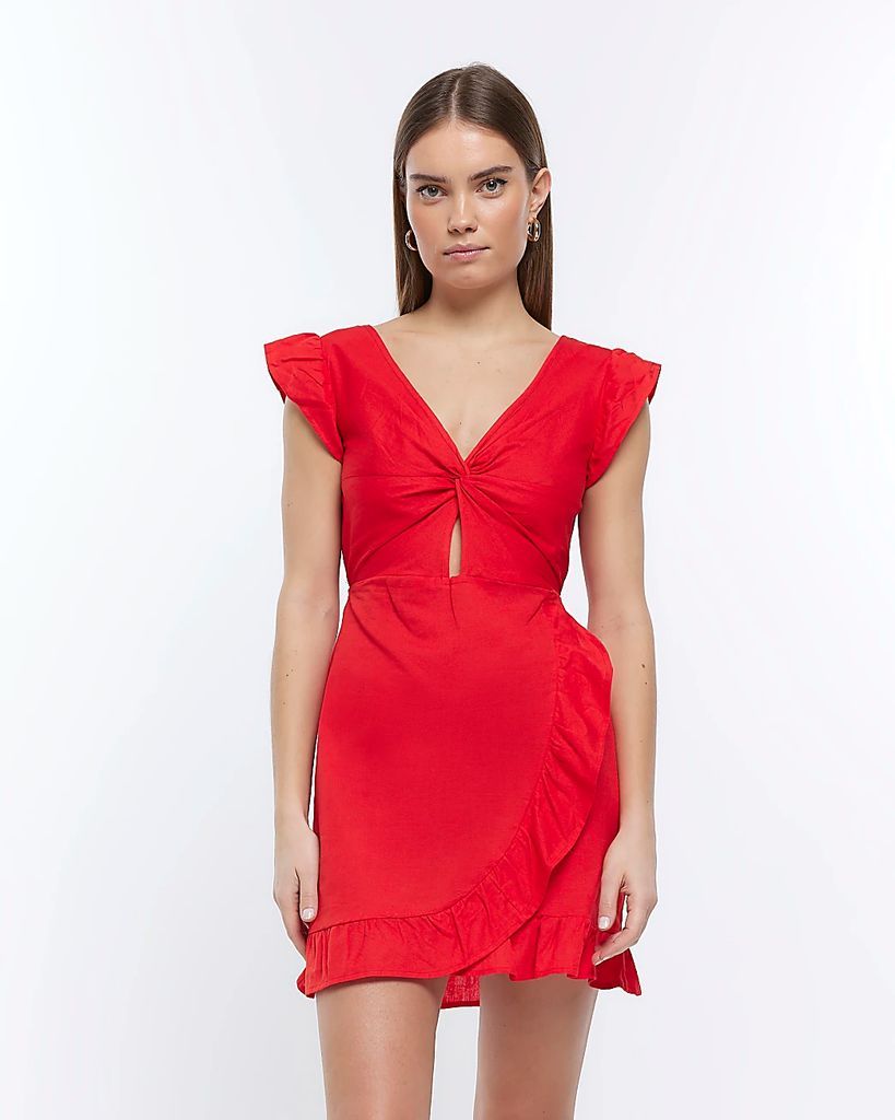 Womens Red Cut Out Frill Mini Dress