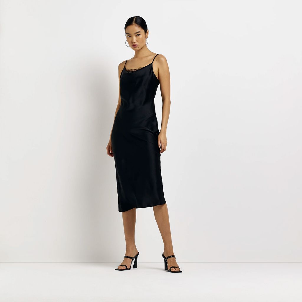 Womens Black Satin Lace Detail Slip Midi Dress