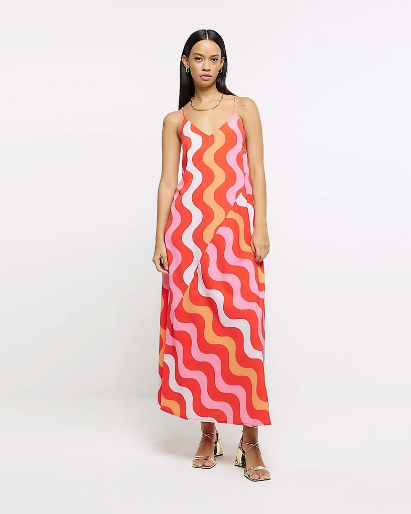 Womens Red Geometric Print Slip Maxi Dress