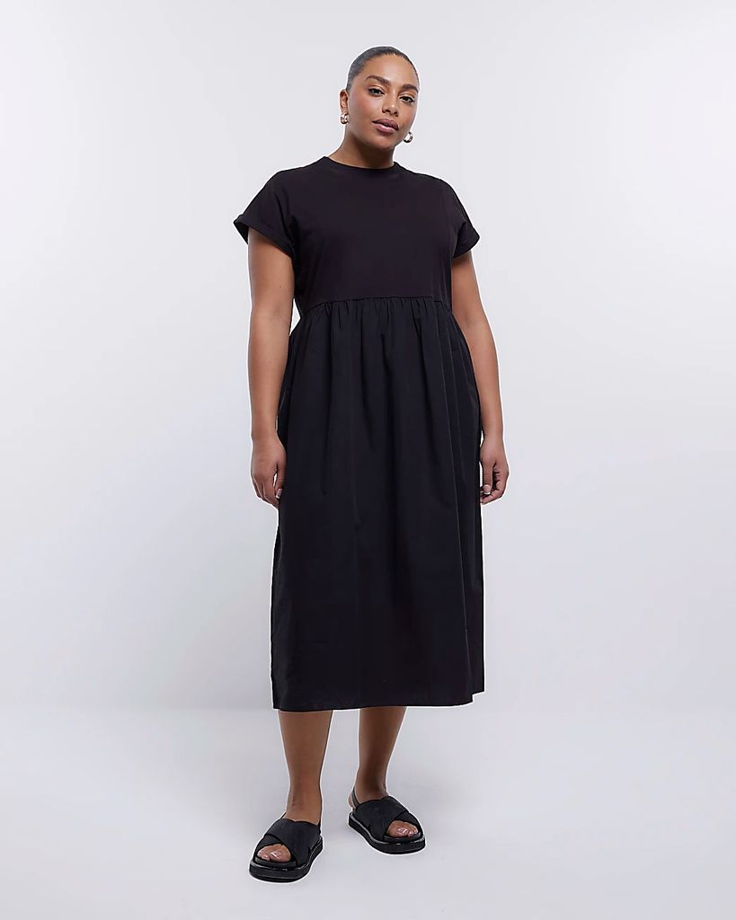 River Island Womens Plus Black Poplin T-Shirt Midi Dress