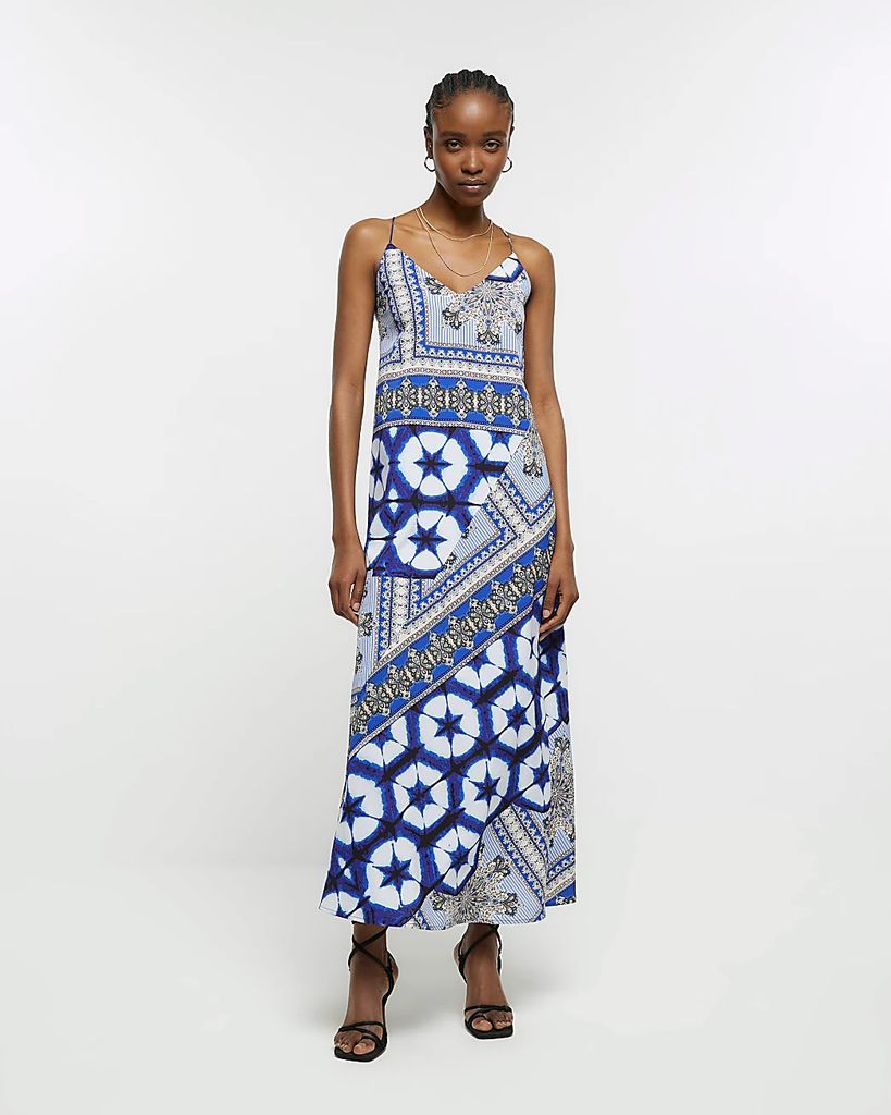Womens Blue Print Slip Maxi Dress