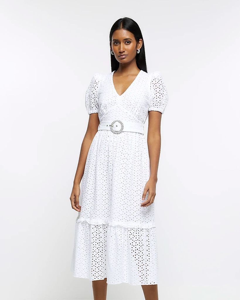 Womens White Broderie Belted Swing Midi Dress