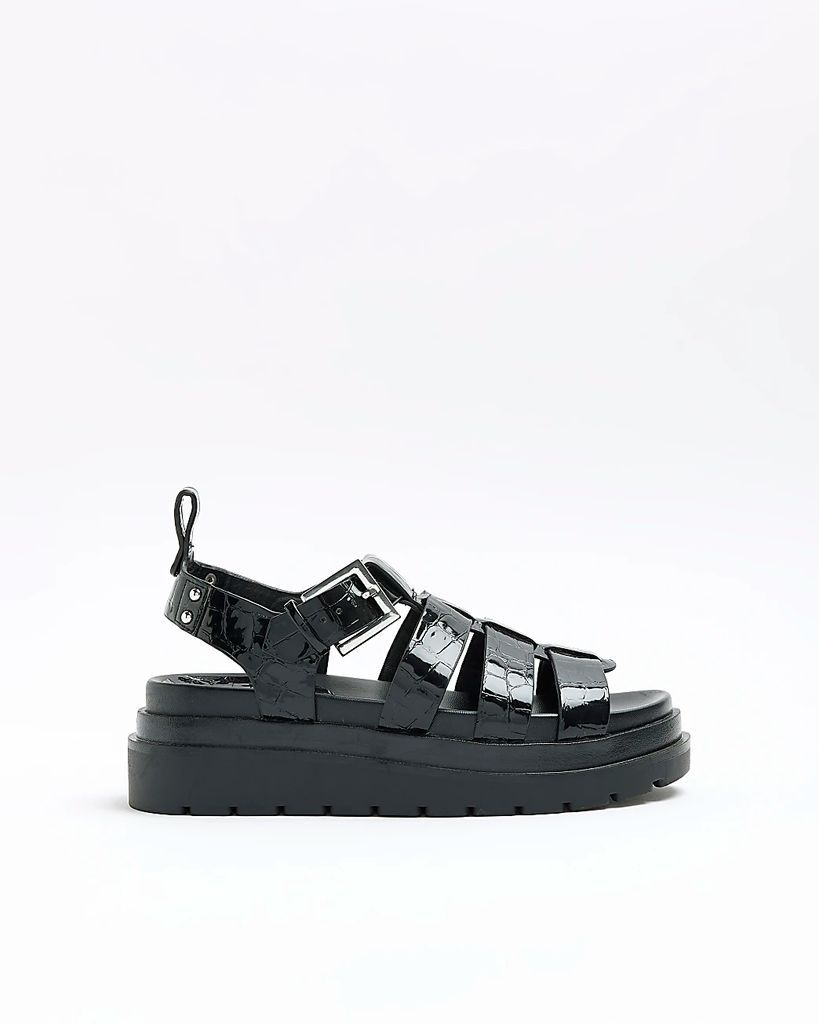 Womens Black Croc Embossed Gladiator Sandals
