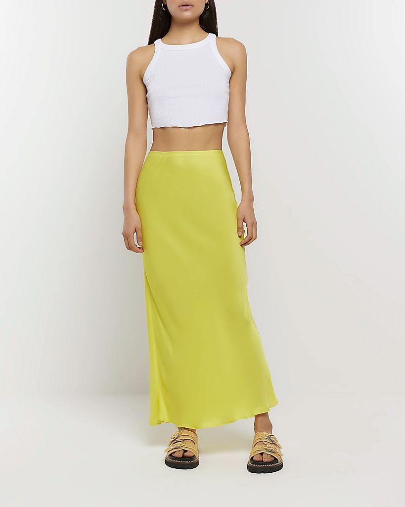 Womens Yellow Satin Maxi Skirt