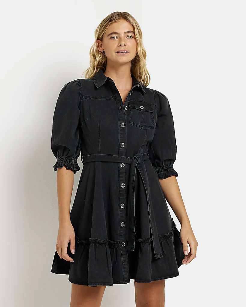 Womens Black Denim Mini Shirt Dress