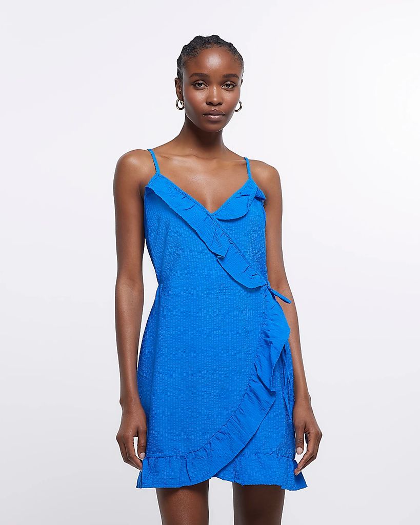 Womens Blue Frill Wrap Slip Mini Dress