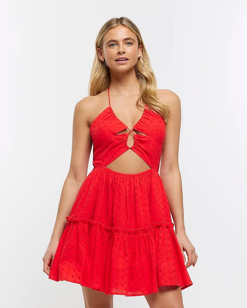Womens Red Broderie Cut Out Beach Mini Dress