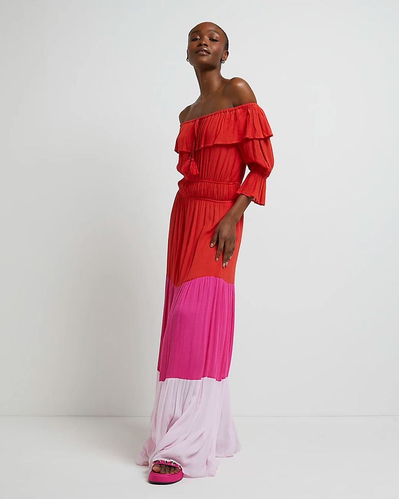 River Island Womens Pink Colour Block Bardot Maxi Dress