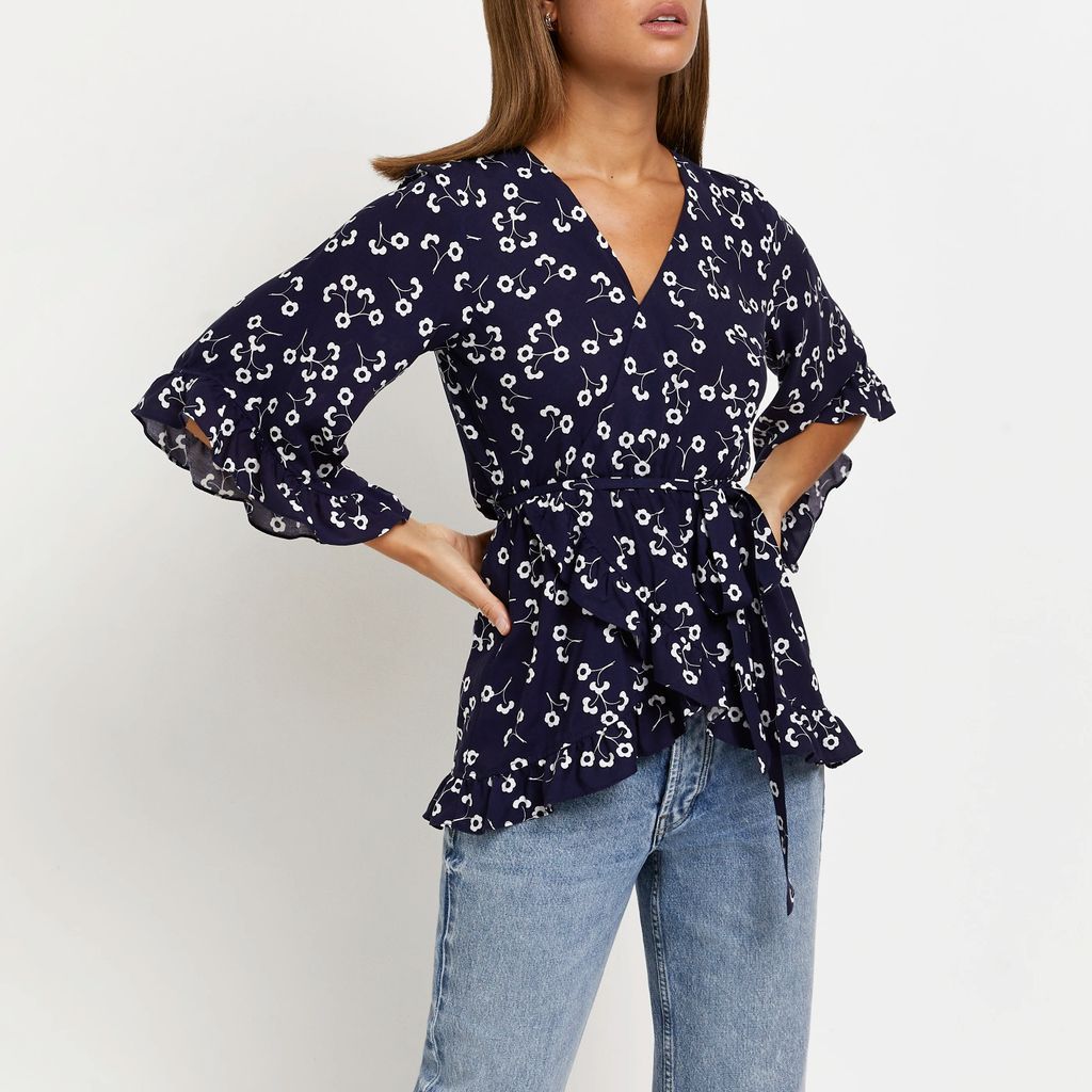 Womens Navy Floral Frill Wrap Top