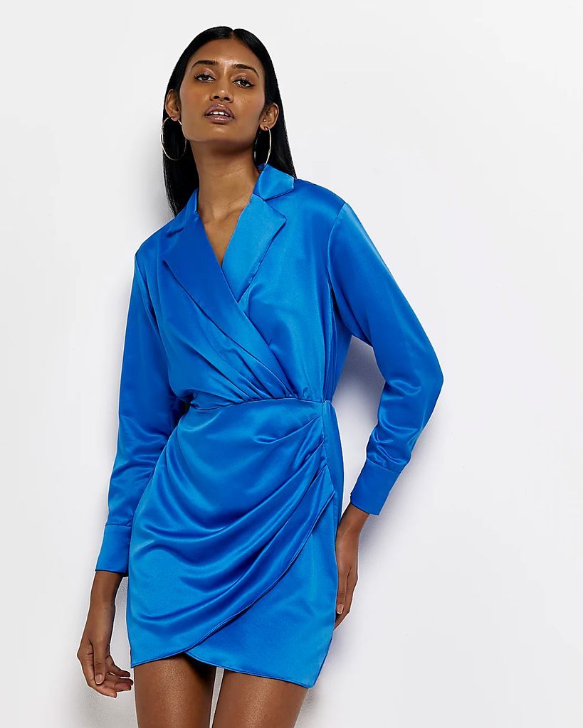 Womens Blue Satin Long Sleeve Wrap Blazer Dress