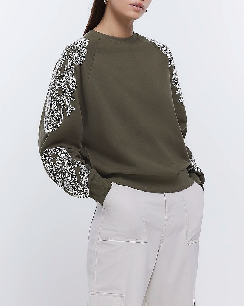 Womens Khaki Printed Sleeve Sweatshirt