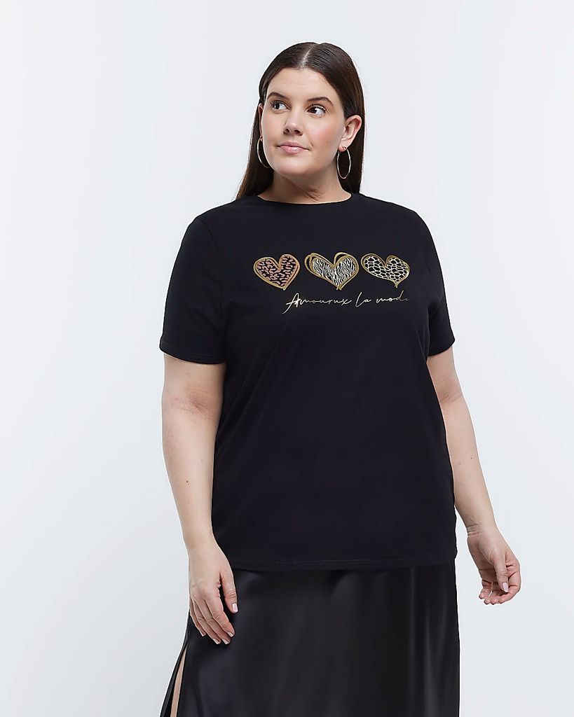 River Island Womens Plus Black Heart Print Short Sleeve T-Shirt