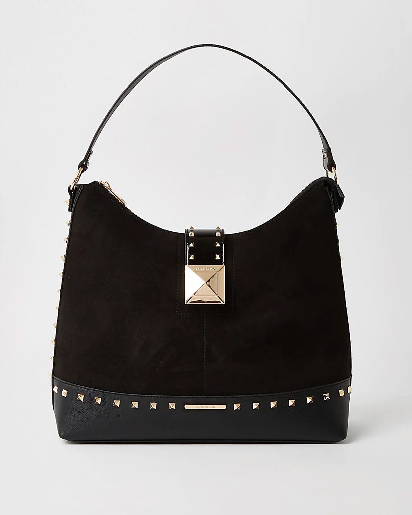 Womens Black Stud Detail Lock Slouch Bag