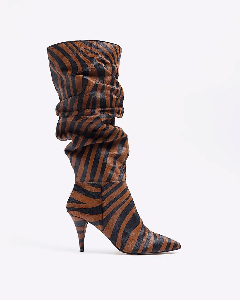 Womens Brown Animal Print Suede Knee High Boots
