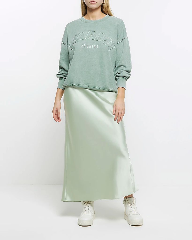 Womens Green Satin Maxi Skirt