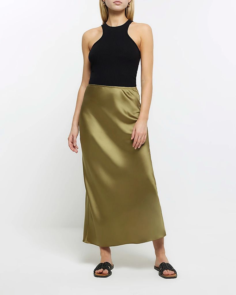 Womens Khaki Satin Maxi Skirt