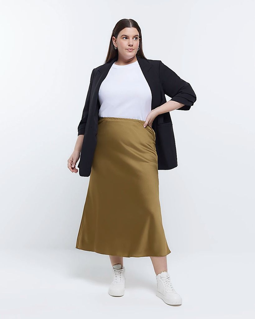 Womens Plus Khaki Satin Midi Skirt