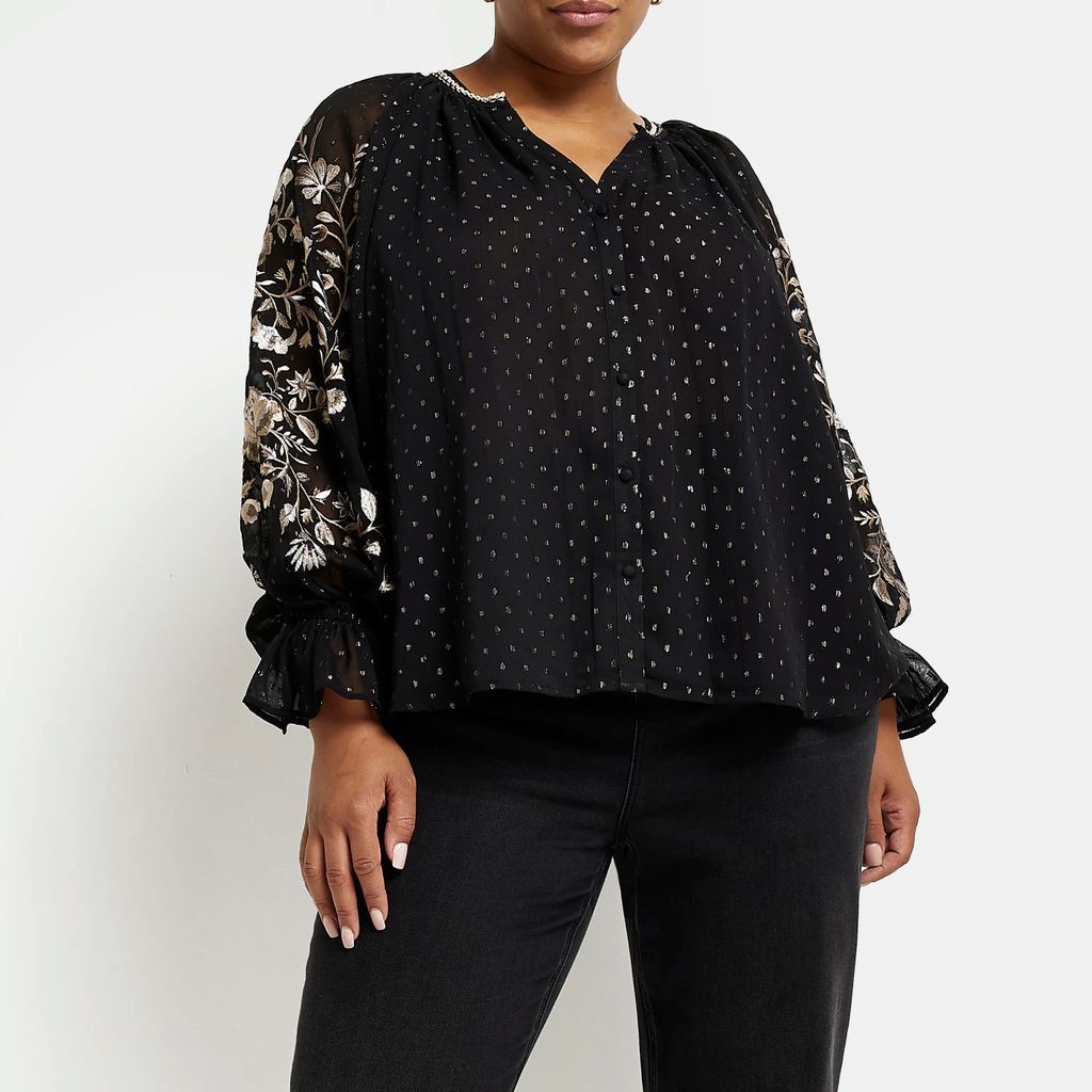 Womens Plus Black Embroidered Long Sleeve Blouse