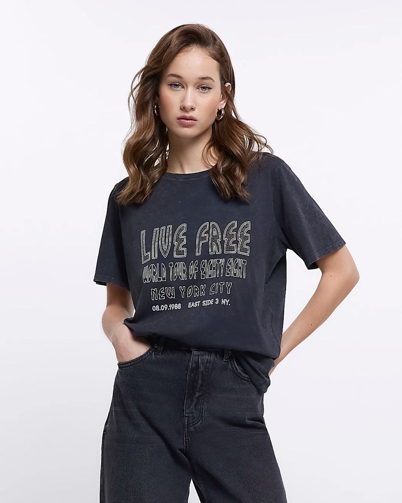 Womens Grey Graphic Print Washed T-Shirt