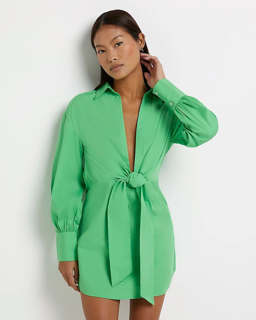 Womens Petite Green Tie Front Shirt Mini Dress