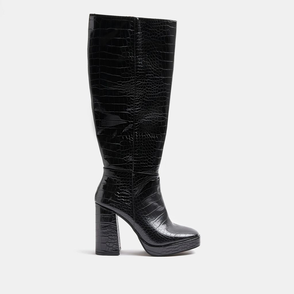 River Island Womens Black Croc Embossed Knee High Heeled Boots