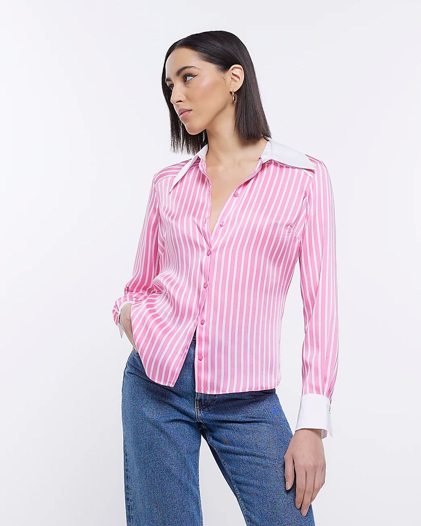 Womens Pink Stripe Satin Long Sleeve Shirt