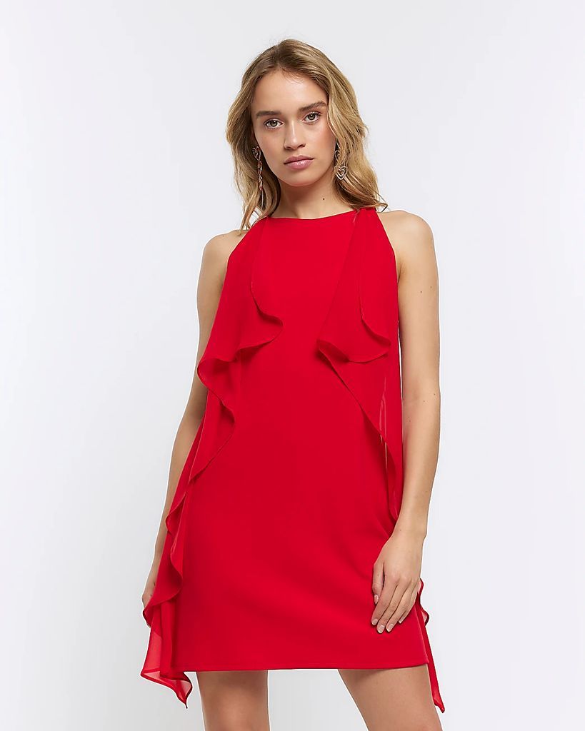 Womens Red Frill Sleeveless Mini Shift Dress