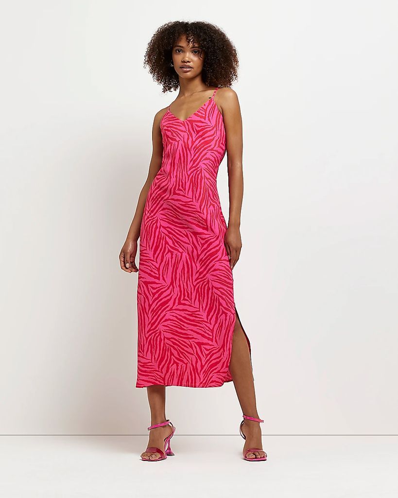 Womens Pink Zebra Print Slip Midi Dress