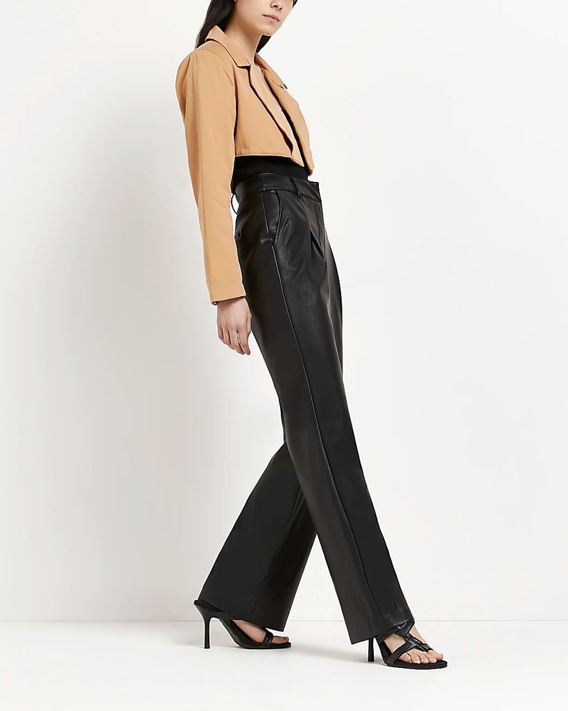 Womens Black Faux Leather Wide Leg Pleated Trousers