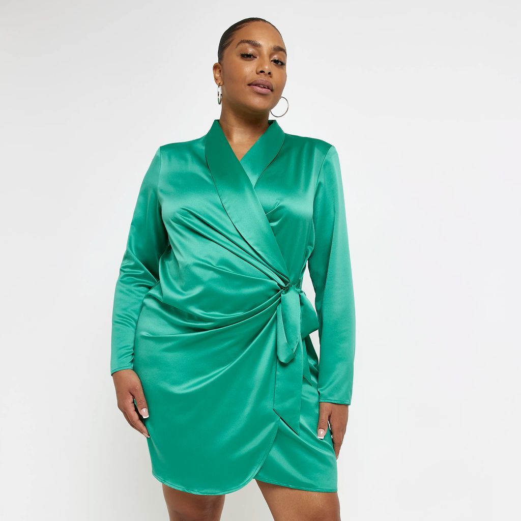 Womens Plus Green Satin Long Sleeve Wrap Mini Dress