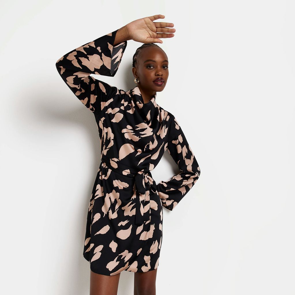 Womens Black Animal Print Satin High Neck Mini Dress