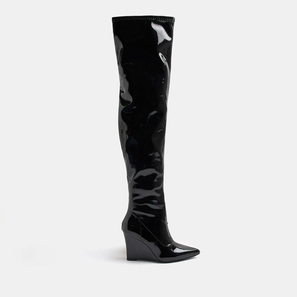 Womens Black Patent Wedge Over The Knee Boots
