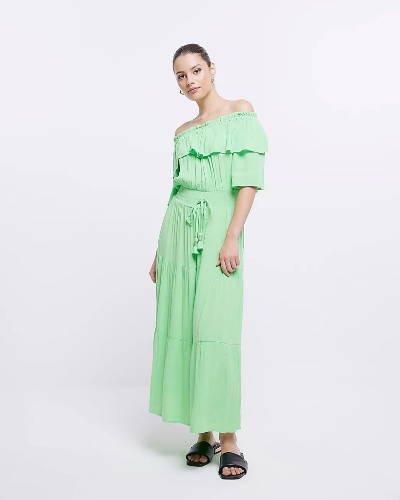 Womens Green Maxi Bardot Dress