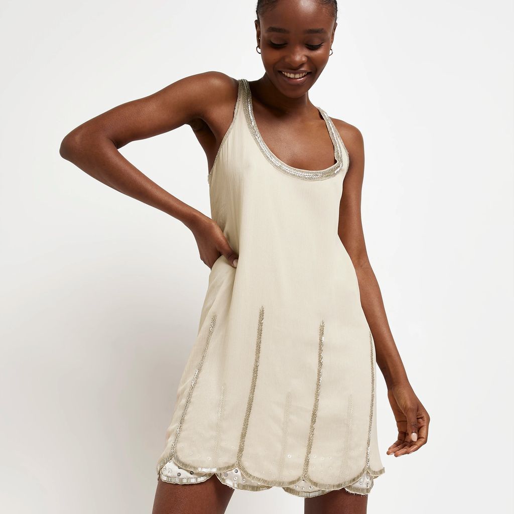 Womens Cream Sequin Slip Mini Dress
