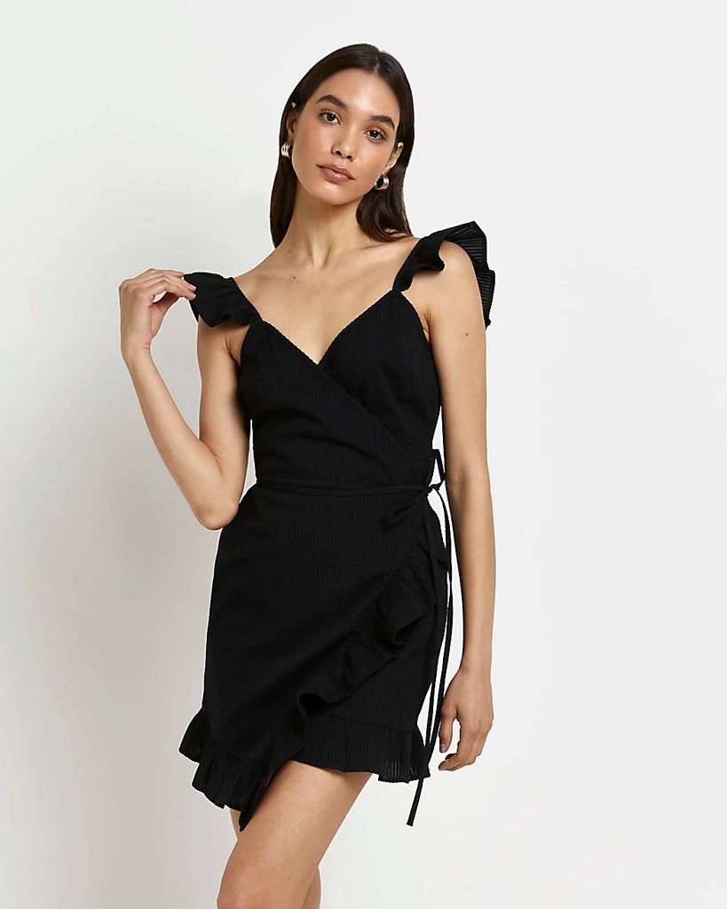 Womens Black Ribbed Wrap Mini Dress