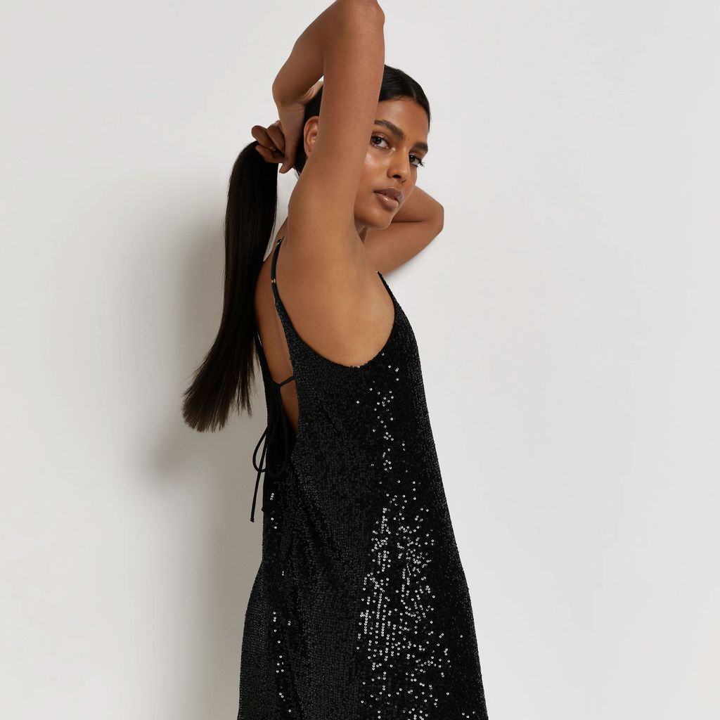 Womens Black Sequin Slip Mini Dress