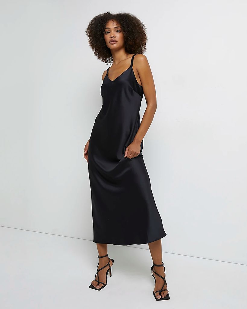 Womens Black Satin Slip Midi Dress