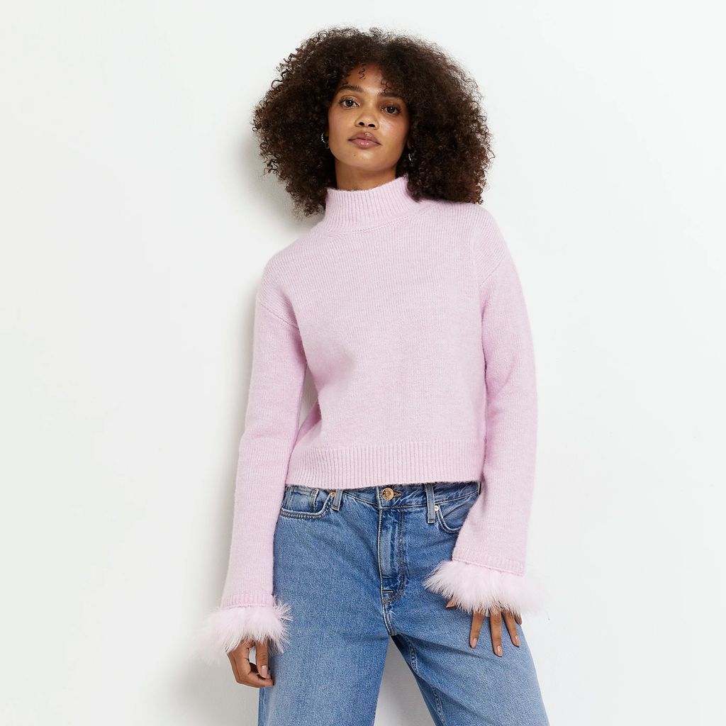 Womens Pink Knit Feather Trim Jumper
