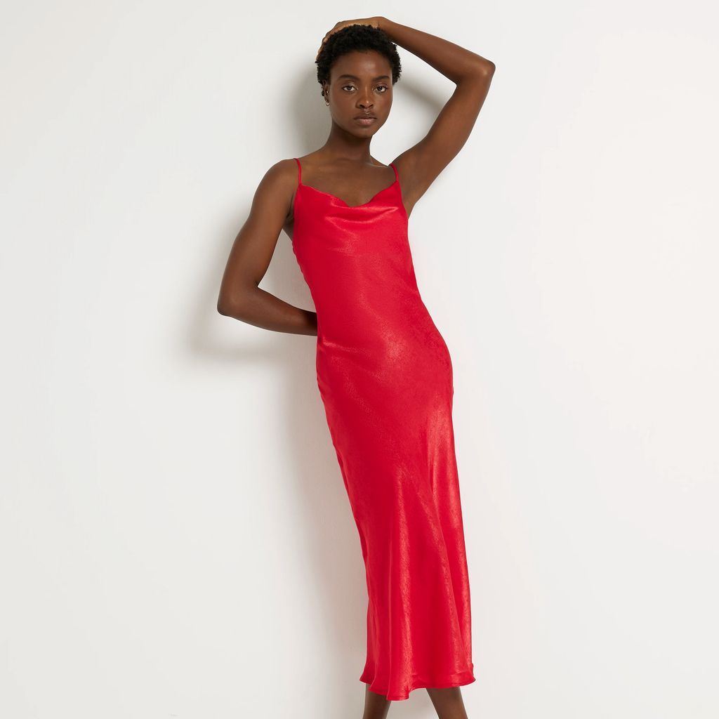 Womens Red Satin Slip Midi Dress