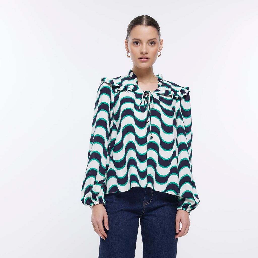 Womens Green Striped Frill Long Sleeve Blouse
